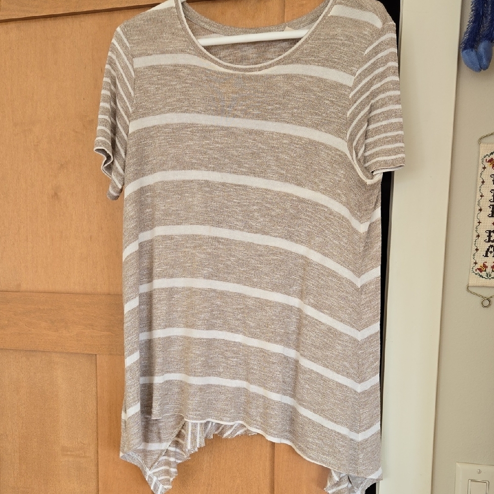 Soft Surroundings Beige & White Striped Scoop-Neck Short Sleeve Top